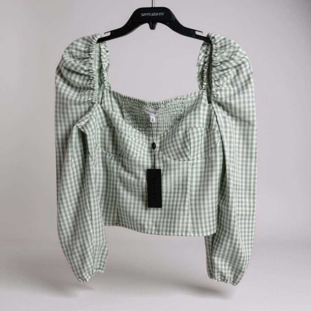Gianni‎ Bini Green and White Puff Sleeve Blouse